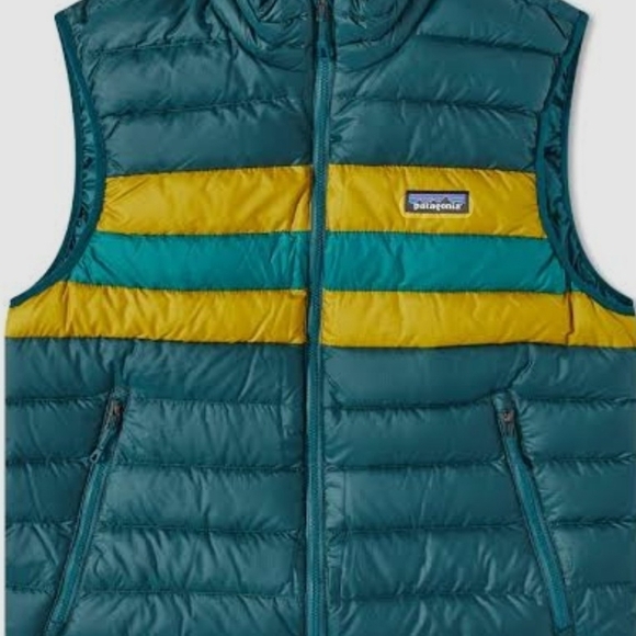 Patagonia Men's Teal and Mustard Puffer Vest - Picture 3 of 5